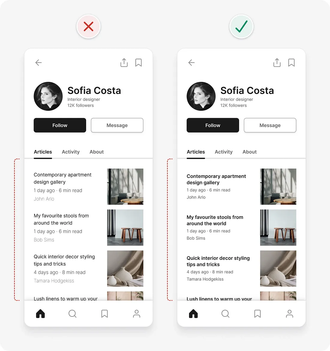 Dicas de UI para interfaces mais eficientes: antes e depois de usar somente 2 tipos de peso de fonte.