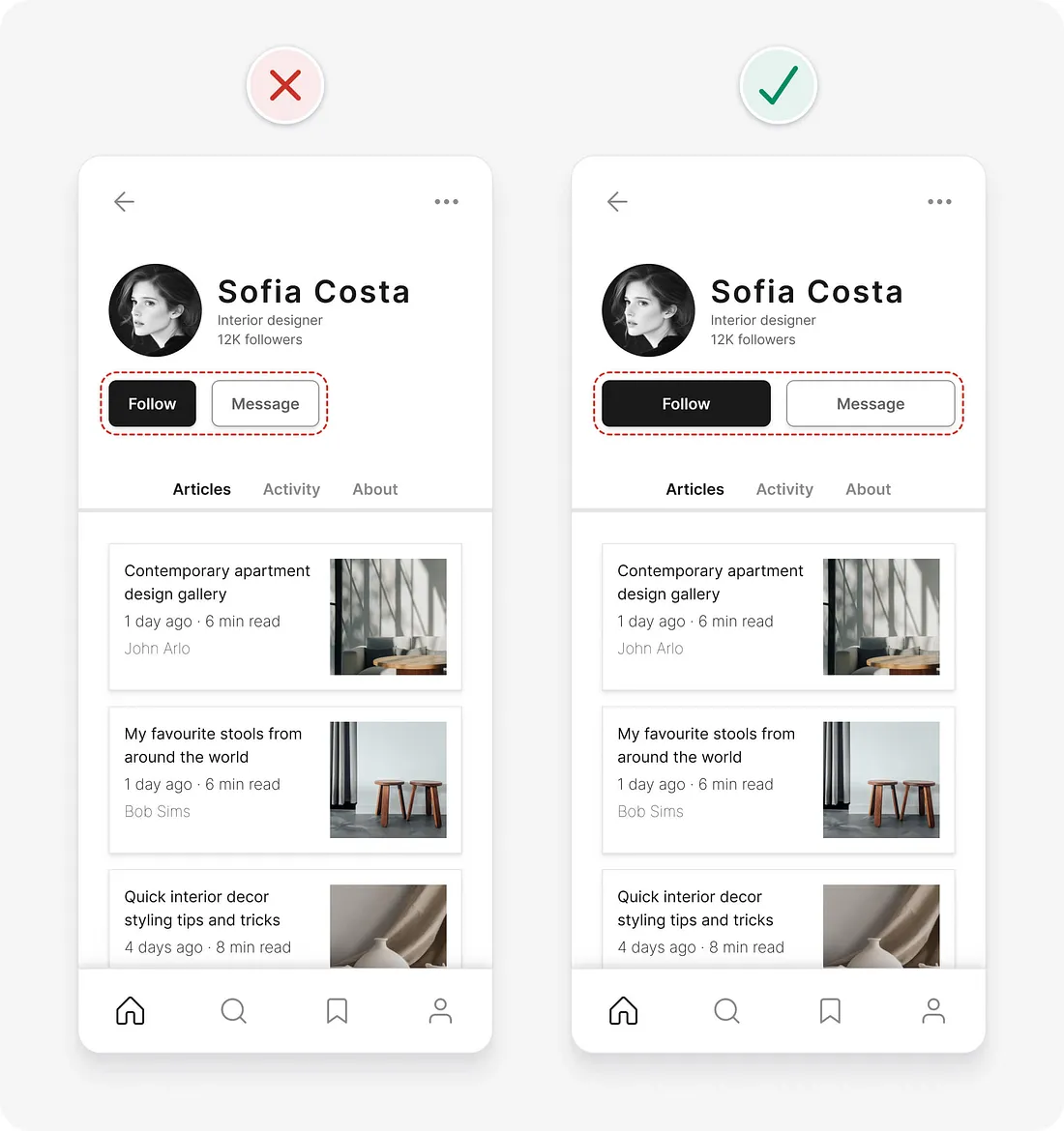 Dicas de UI para interfaces mais eficientes: antes de depois de aumentar tamanho de botões.