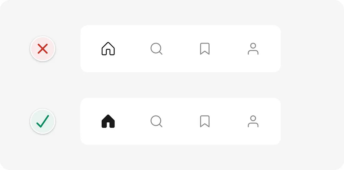 Dicas de UI para interfaces mais eficientes: comparação de evidenciar ícone selecionado.