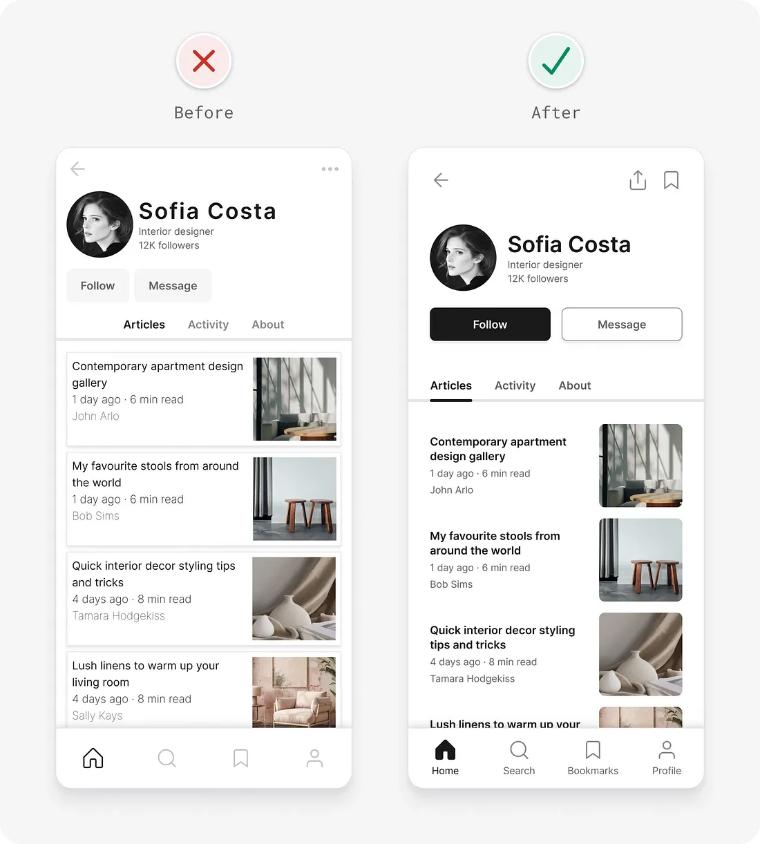 Antes e depois de aplicar as 14 dicas de UI para interfaces mais eficientes.
