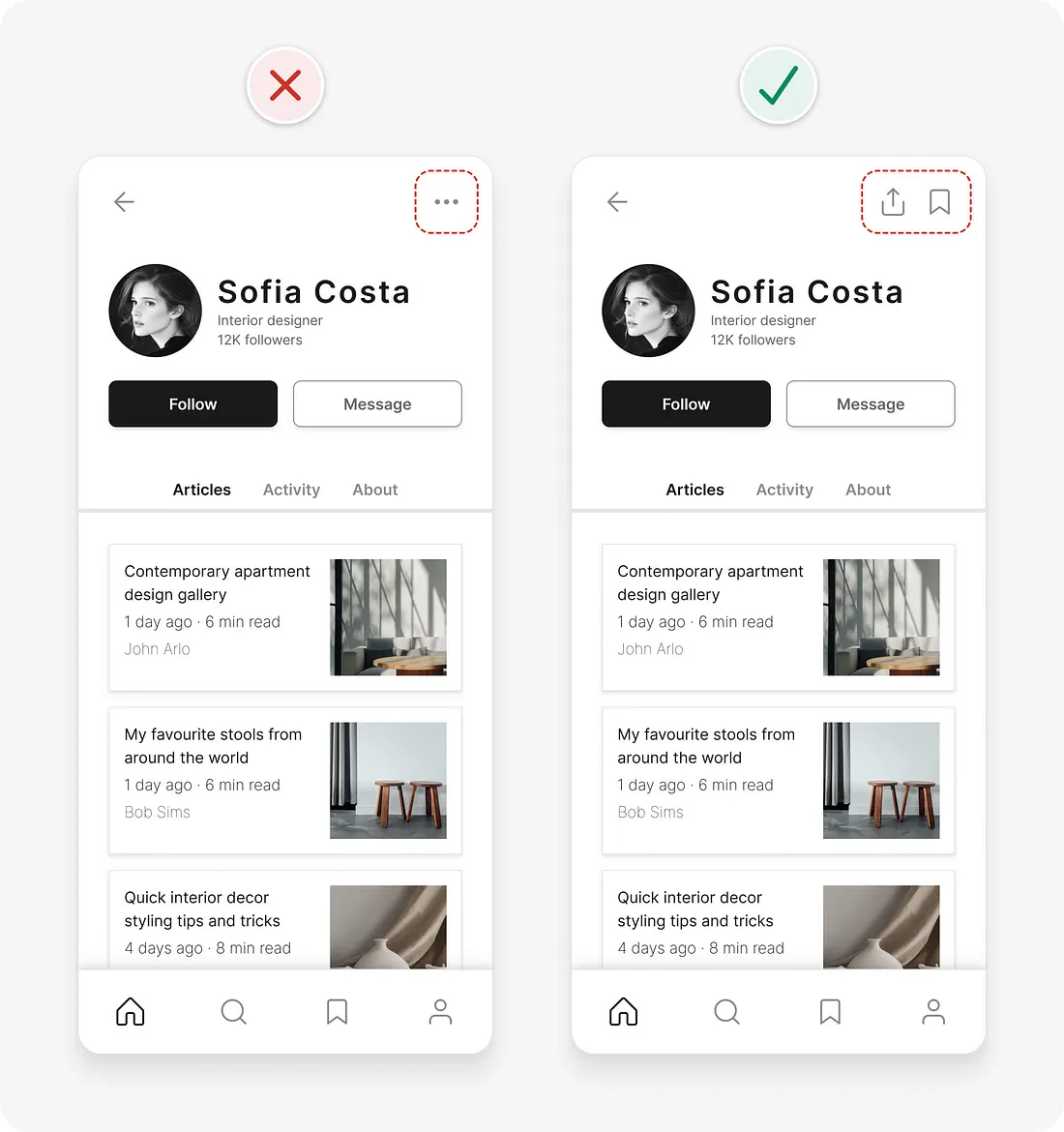 Dicas de UI para interfaces mais eficientes: antes e depois de dar mais visibilidade a interações importantes.