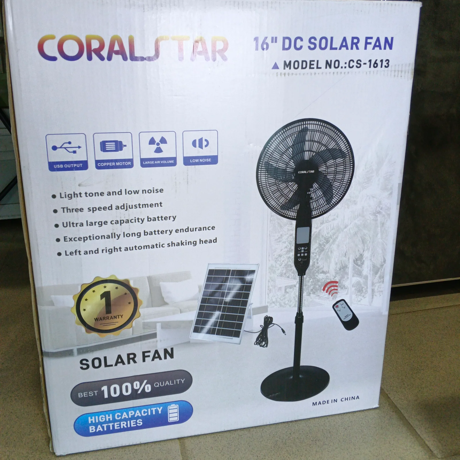 VENTILATEUR RECHARGEABLE SOLAIRE CORALSTAR CS-1613