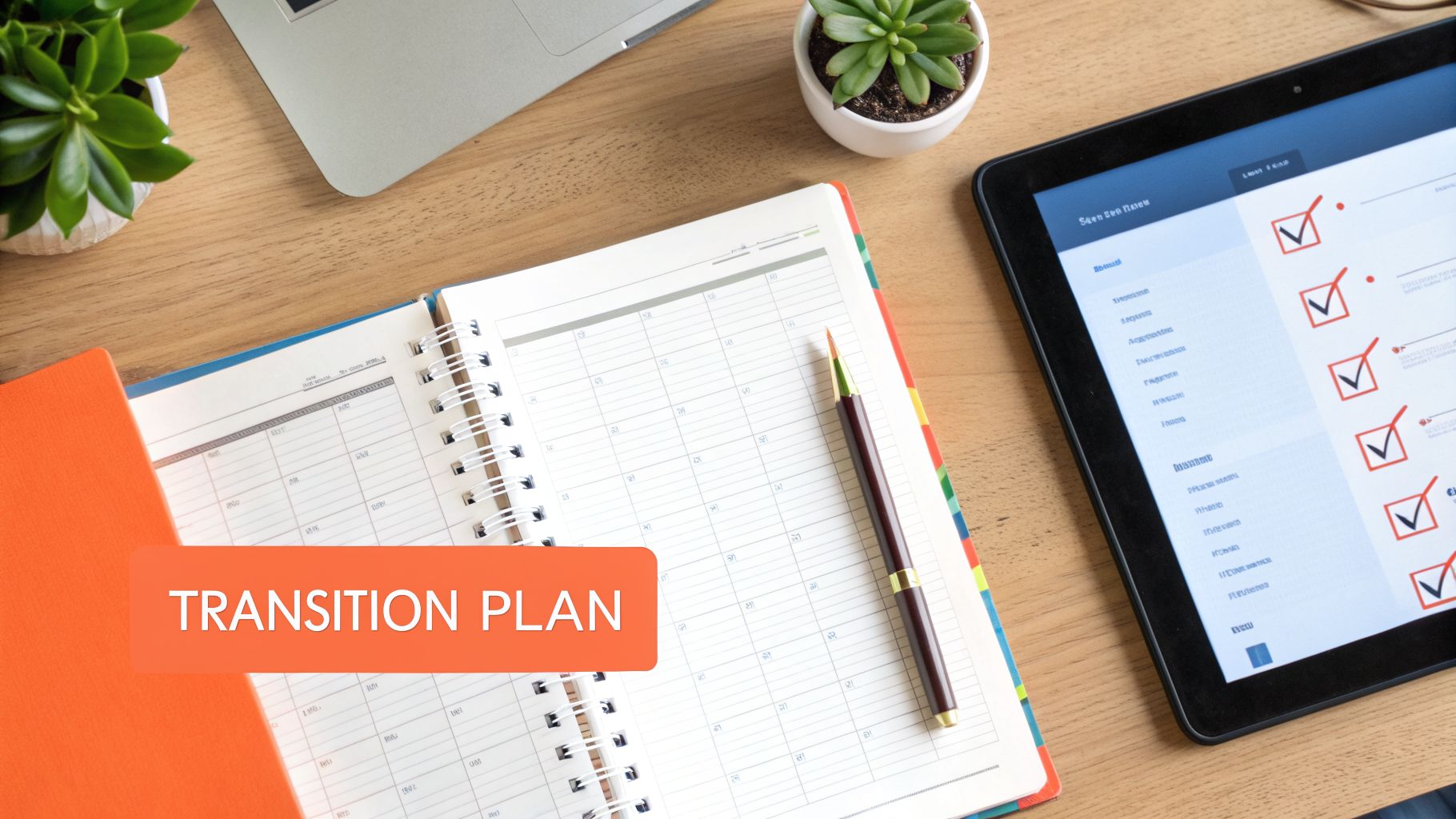 Flat lay of a desk with a planner, tablet showing checklist, laptop, and plant, featuring 'TRANSITION PLAN' text.
