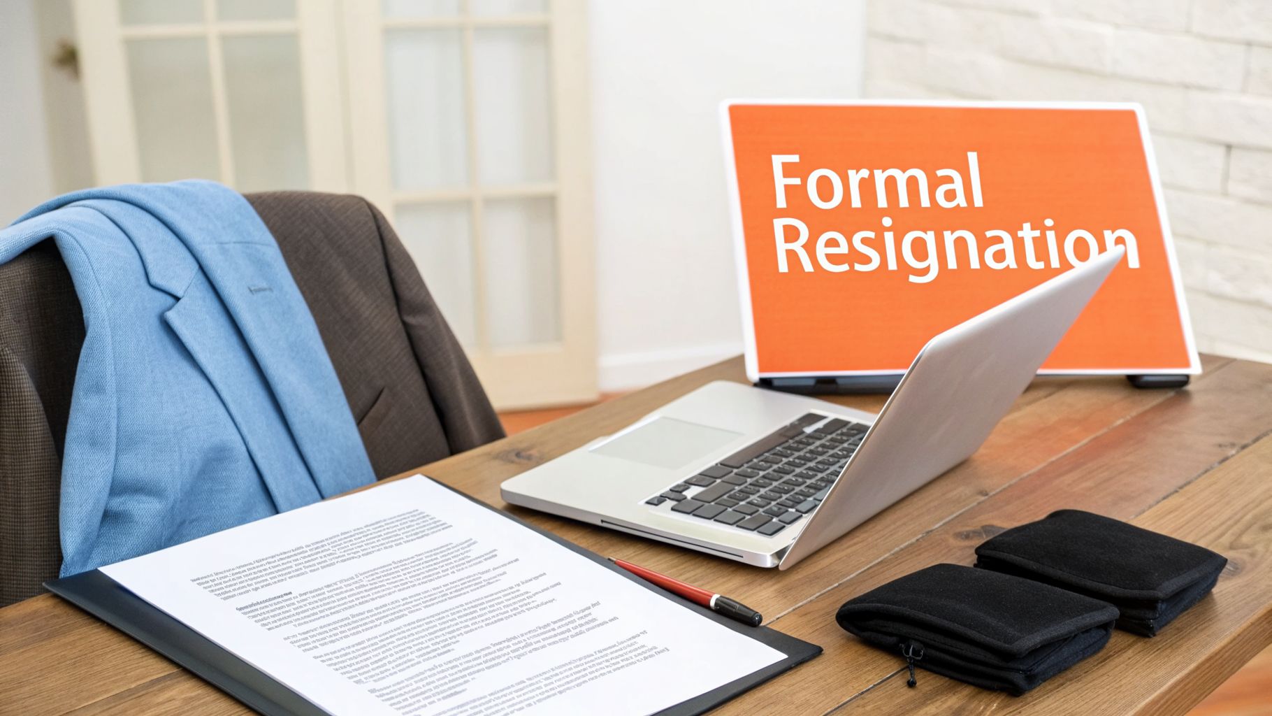 A desk with a laptop, a sign saying "Formal Resignation," a document, and a pen.