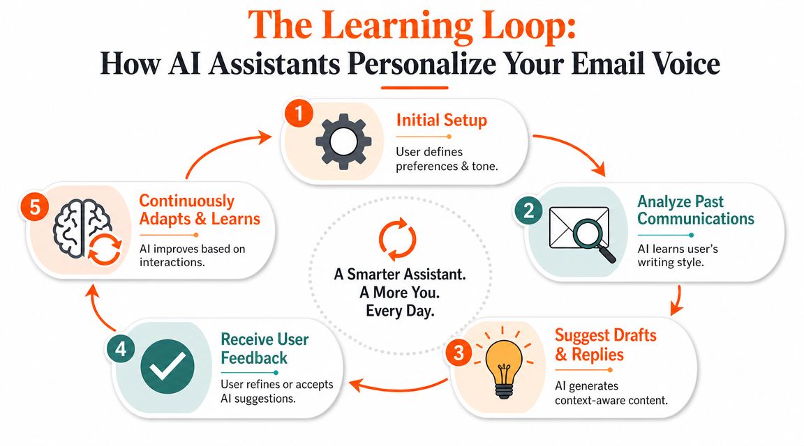 A circular infographic showing the five-step learning loop process for AI assistants to personalize email writing.