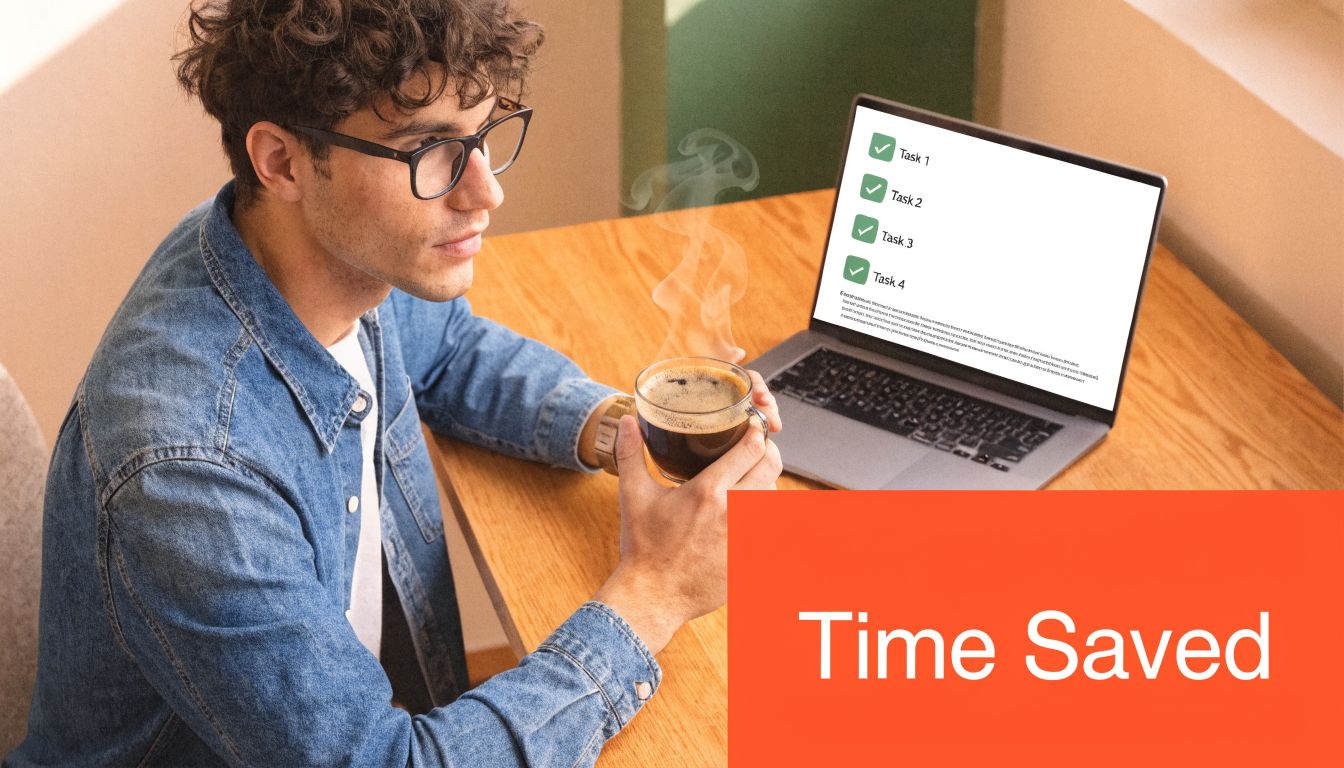 A man in a denim shirt drinking coffee while looking at completed tasks on his laptop screen.