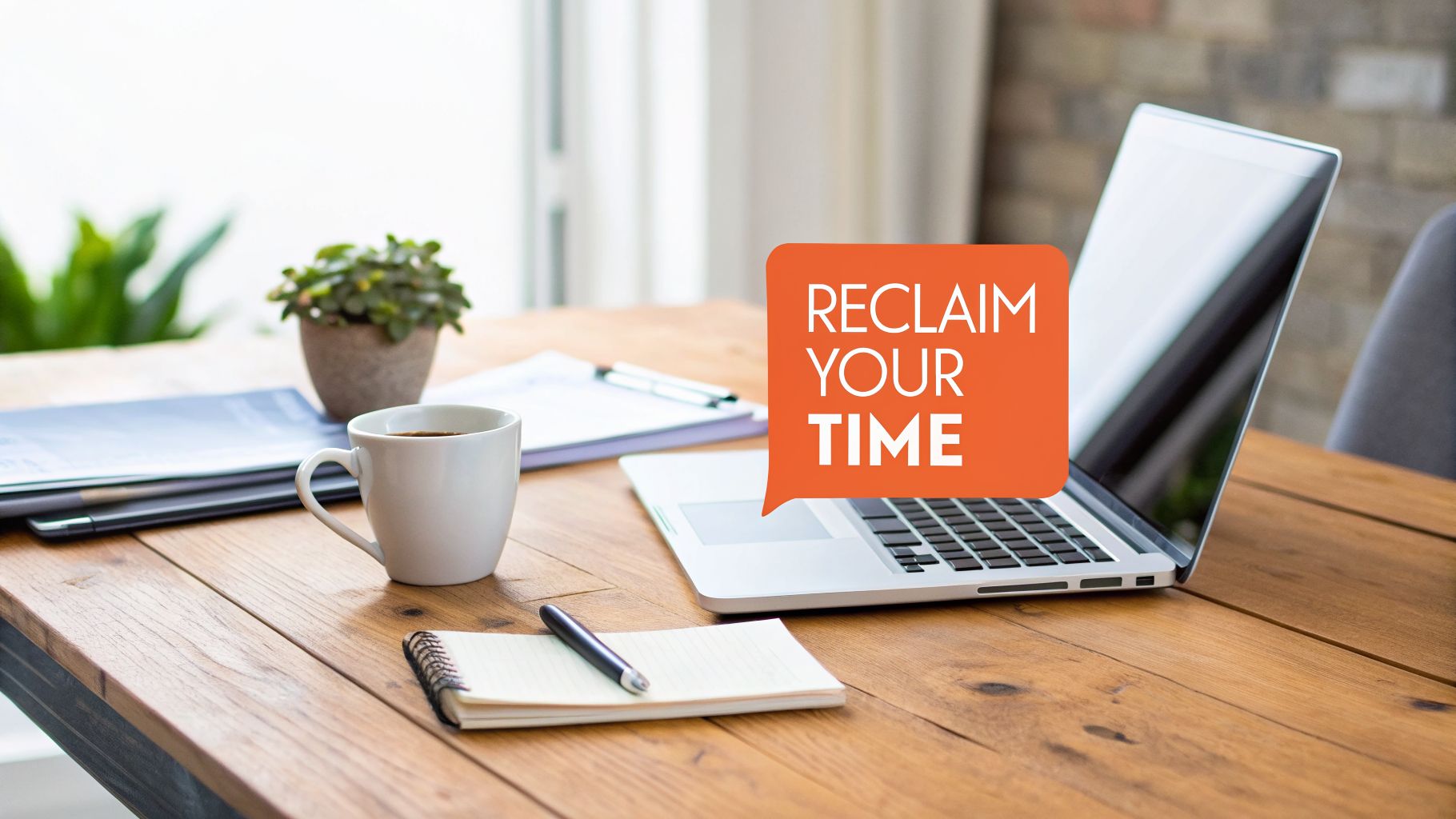 A wooden desk with a laptop, coffee cup, notepad, and a 'Reclaim Your Time' message.