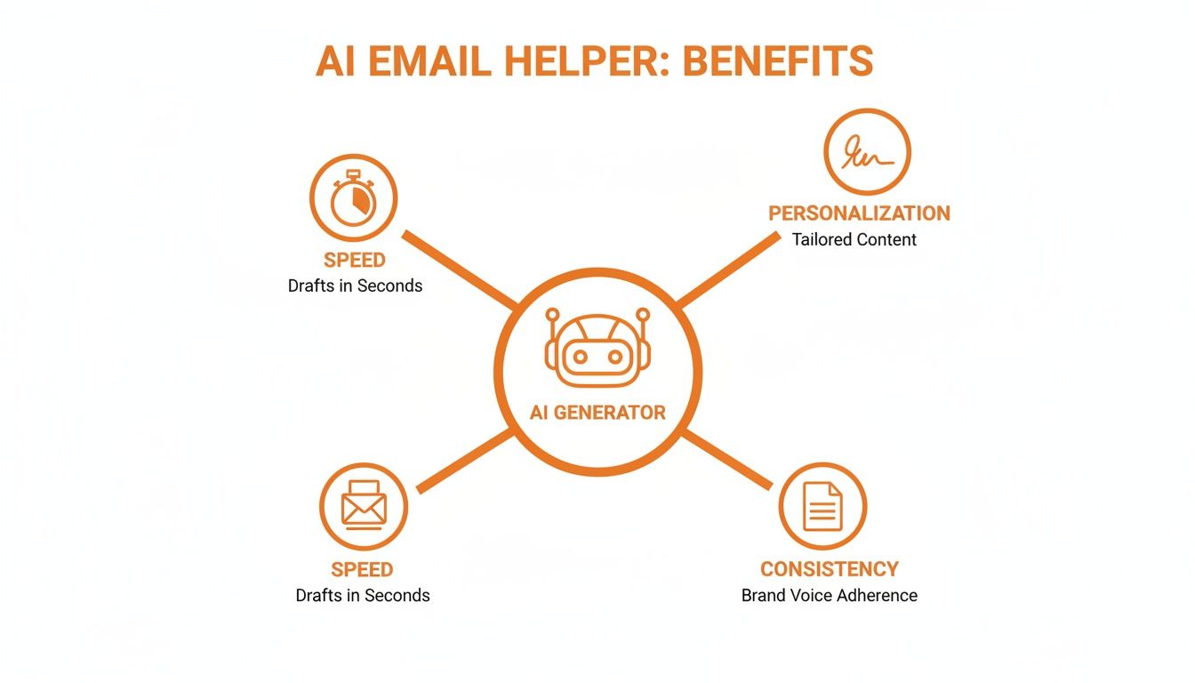 Diagram illustrating four key benefits of an AI email helper: speed, personalization, and consistency.