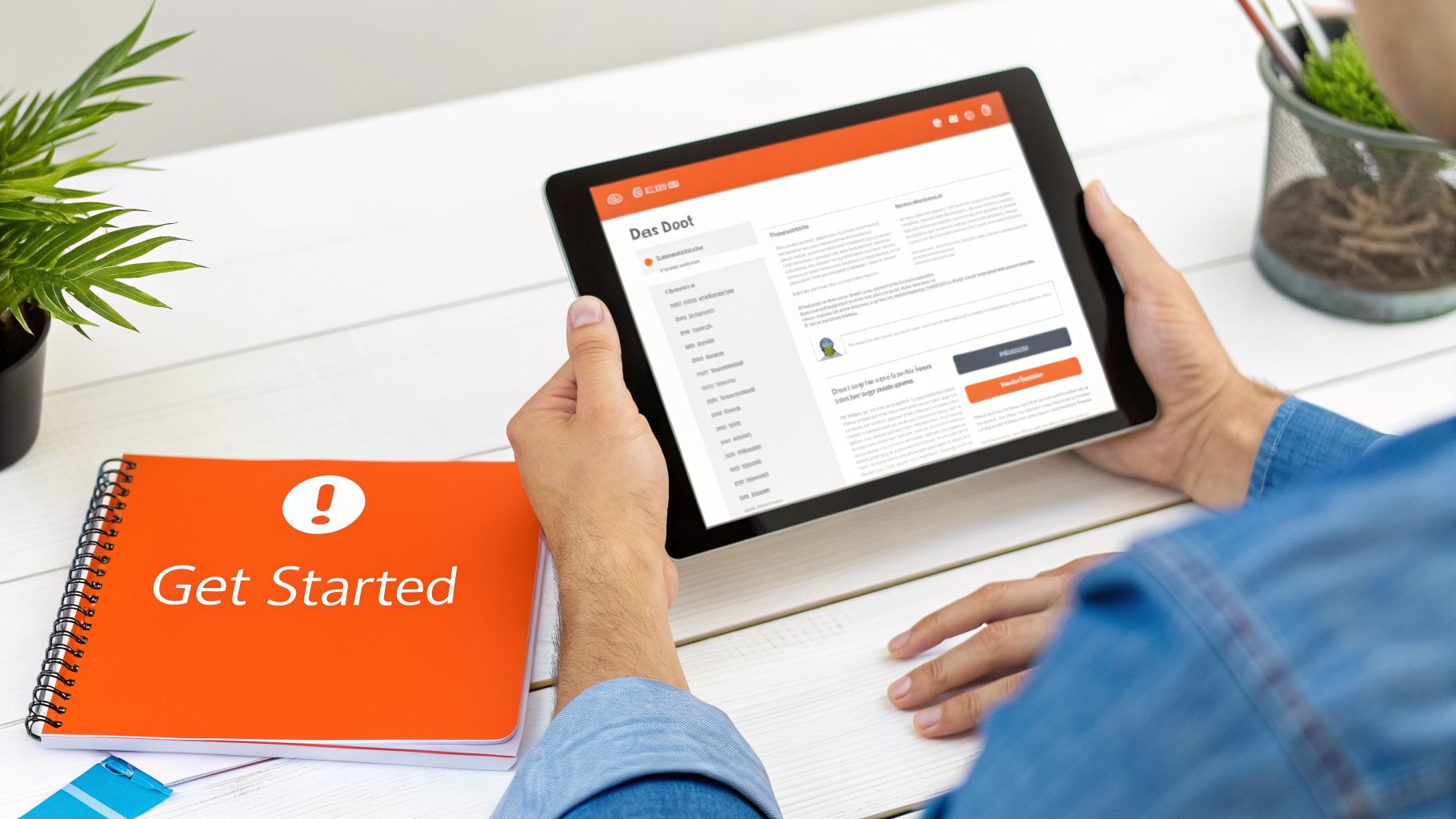 Person holding a tablet with a business interface, next to an orange 'Get Started' notebook on a white desk.