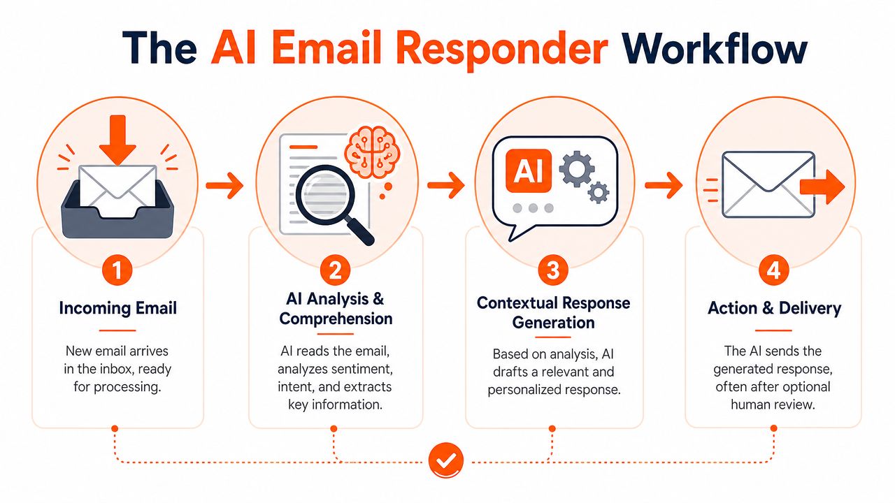 A four-step infographic illustrating the automated AI email responder workflow process from arrival to delivery.