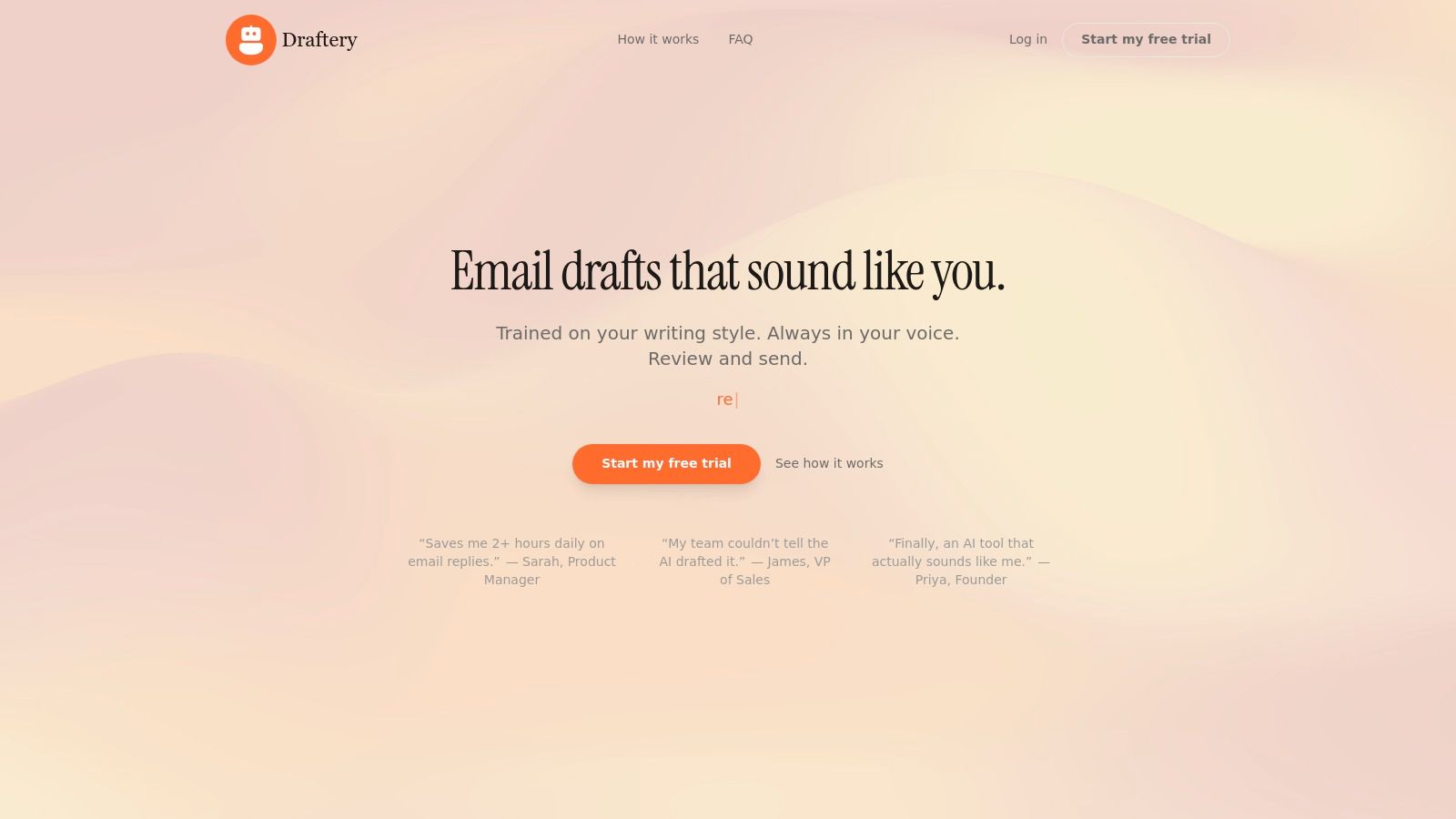 Draftery AI email response generator landing page