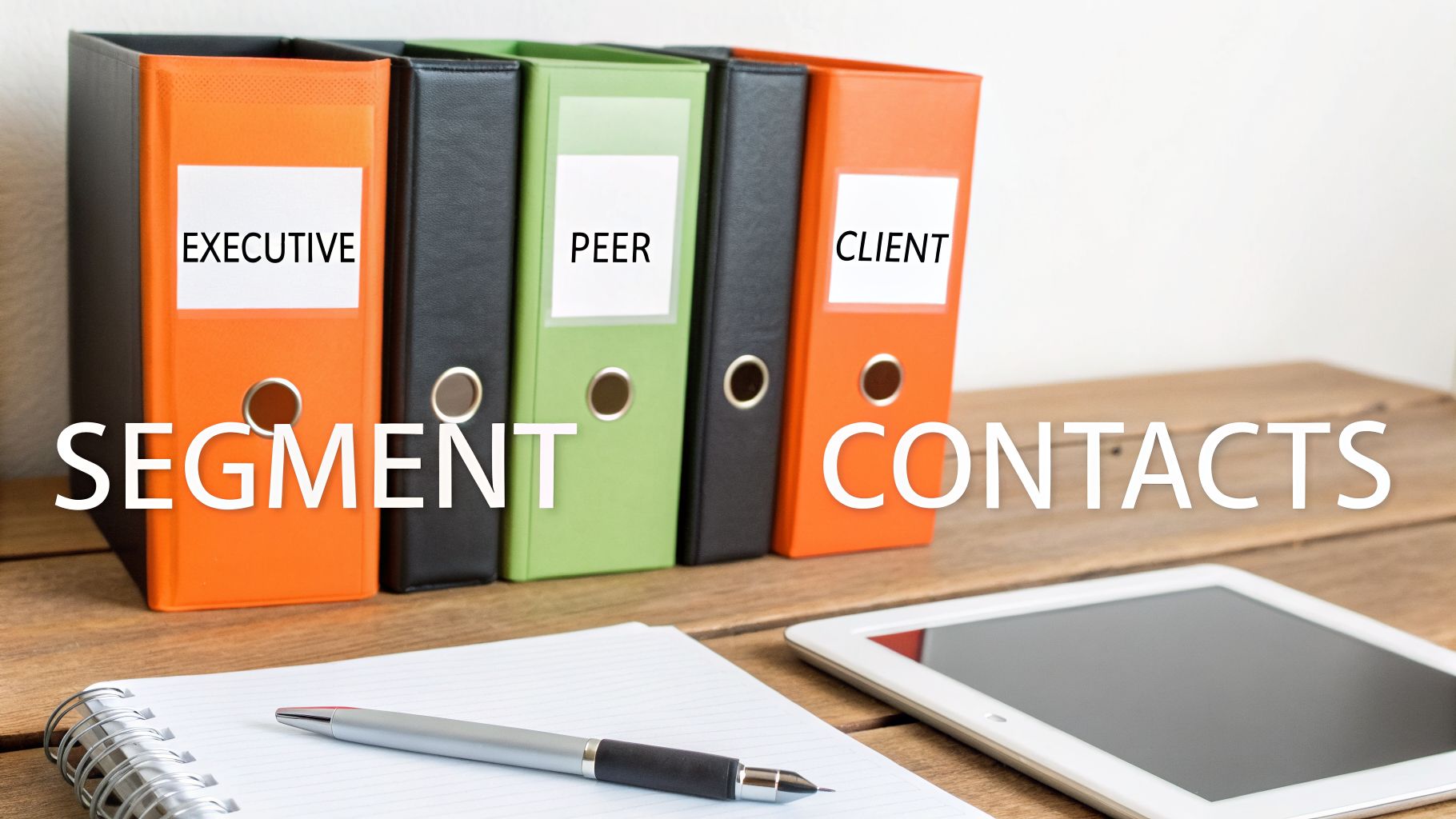 Binders labeled Executive, Peer, Client, representing different contact segments, on a wooden desk.