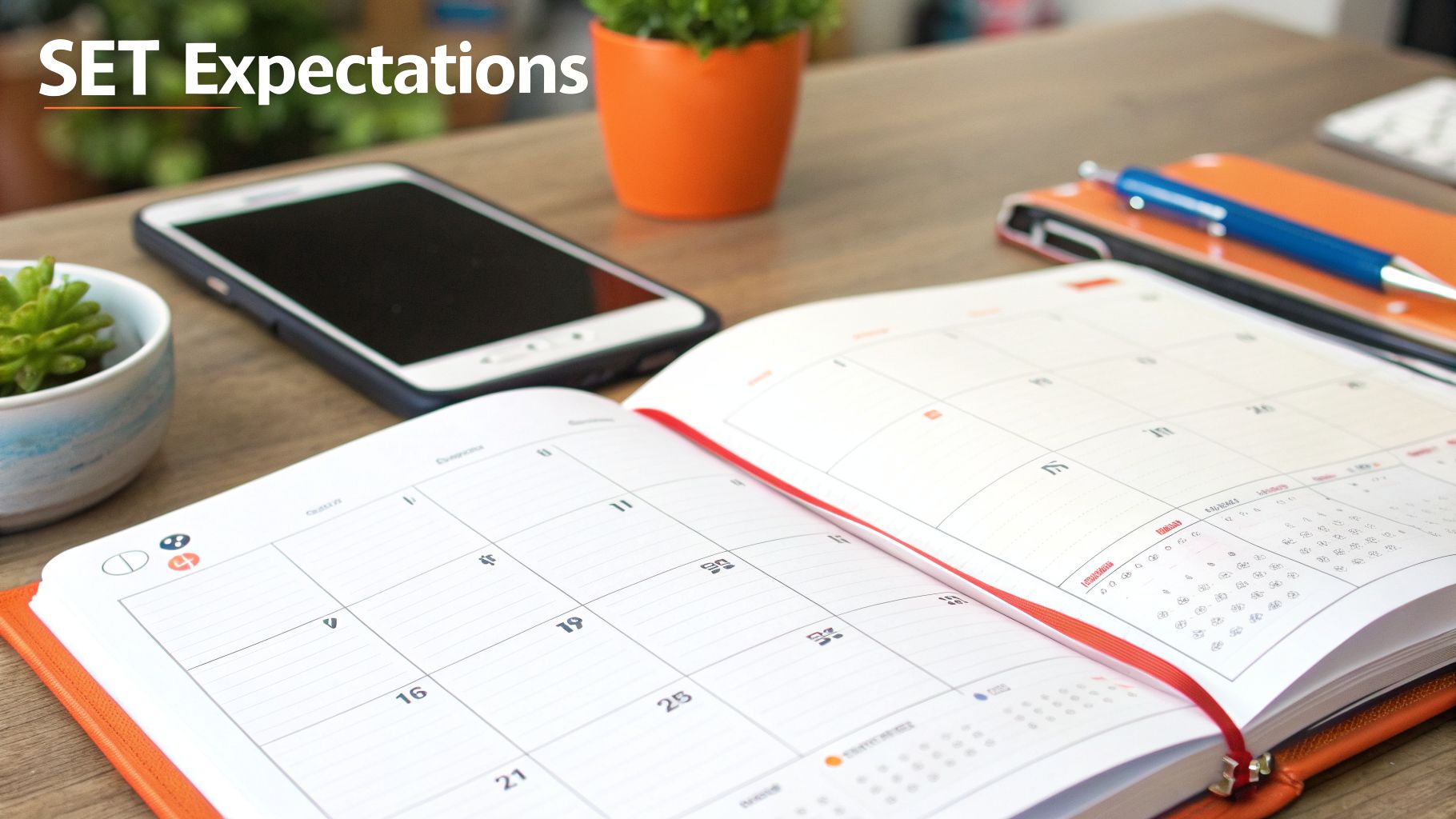 An open daily planner displaying dates and notes, with a smartphone and plant on a wooden desk. Text: SET Expectations.