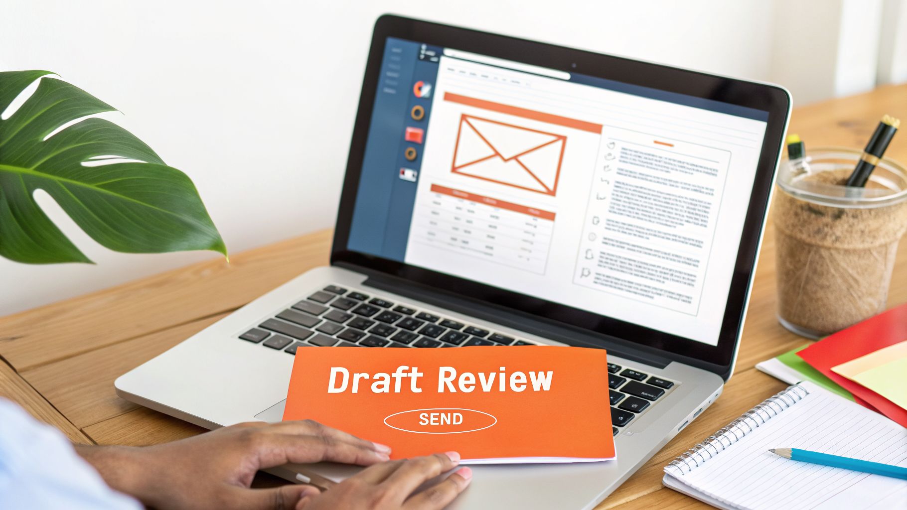 Hands holding an orange 'Draft Review' folder over a laptop displaying an email interface on a wooden desk.
