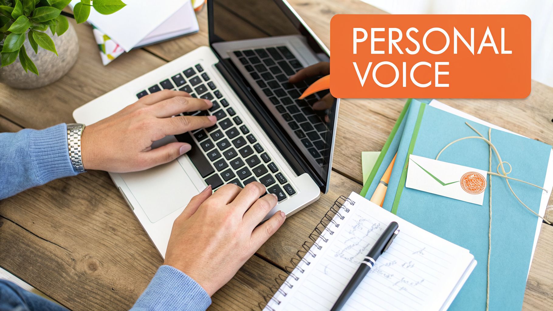 A person's hands typing on a laptop keyboard on a wooden desk, with notebooks and a plant.