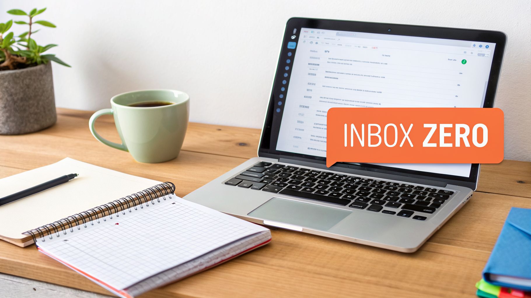 Laptop on a wooden desk displaying an email inbox with an "INBOX ZERO" message bubble, a coffee mug, and notebooks.