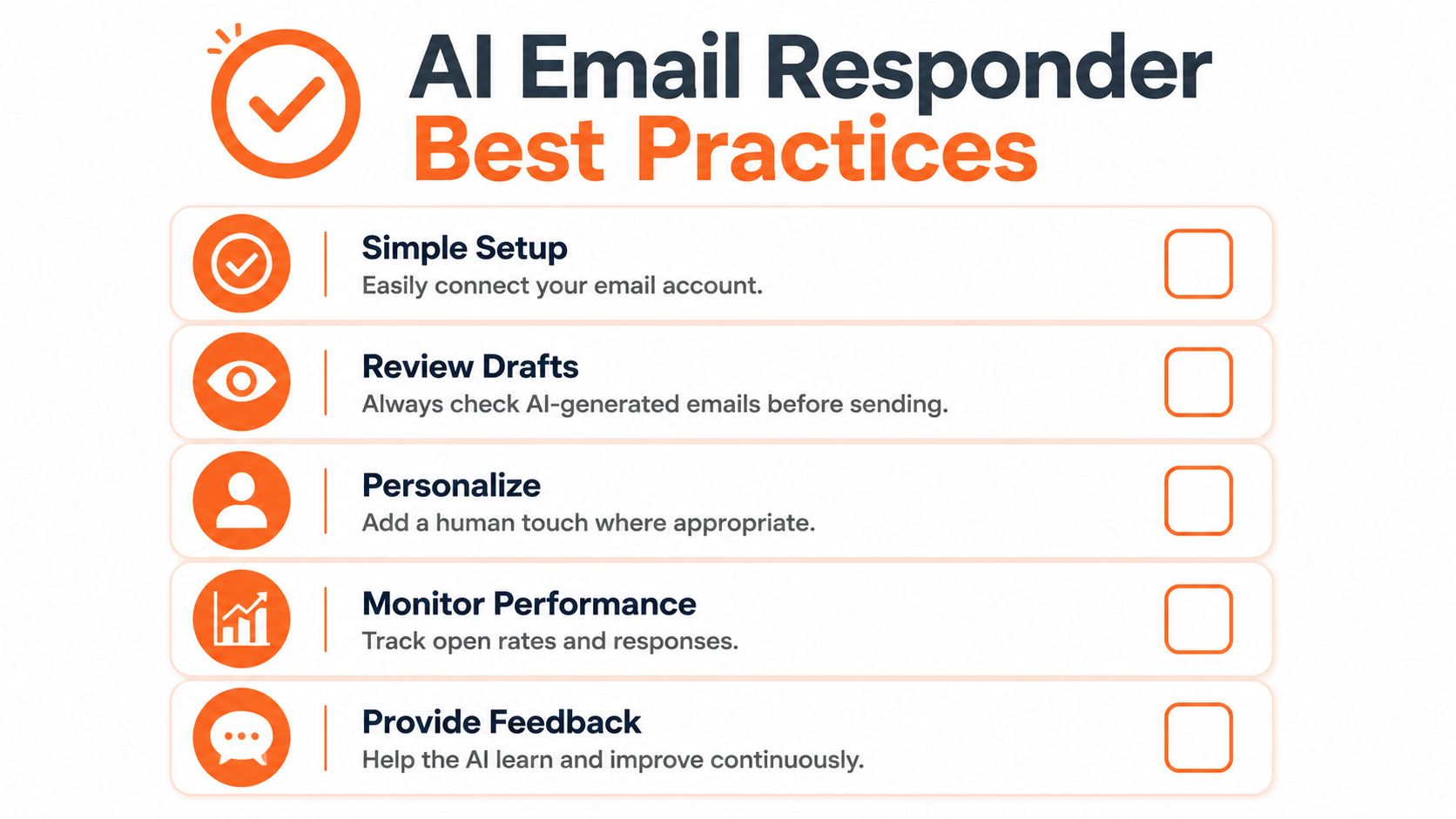 An infographic titled AI Email Responder Best Practices showing five key steps for managing automated email responses.