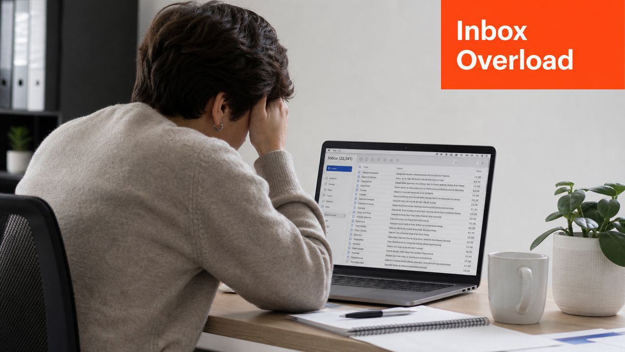 A person sitting at a desk with their head in their hands feeling overwhelmed by emails.