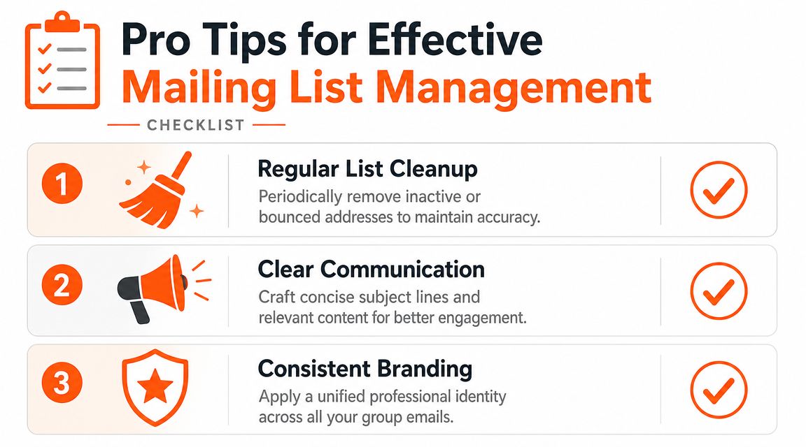 An infographic checklist outlining three professional tips for effectively managing and organizing group mailing lists.