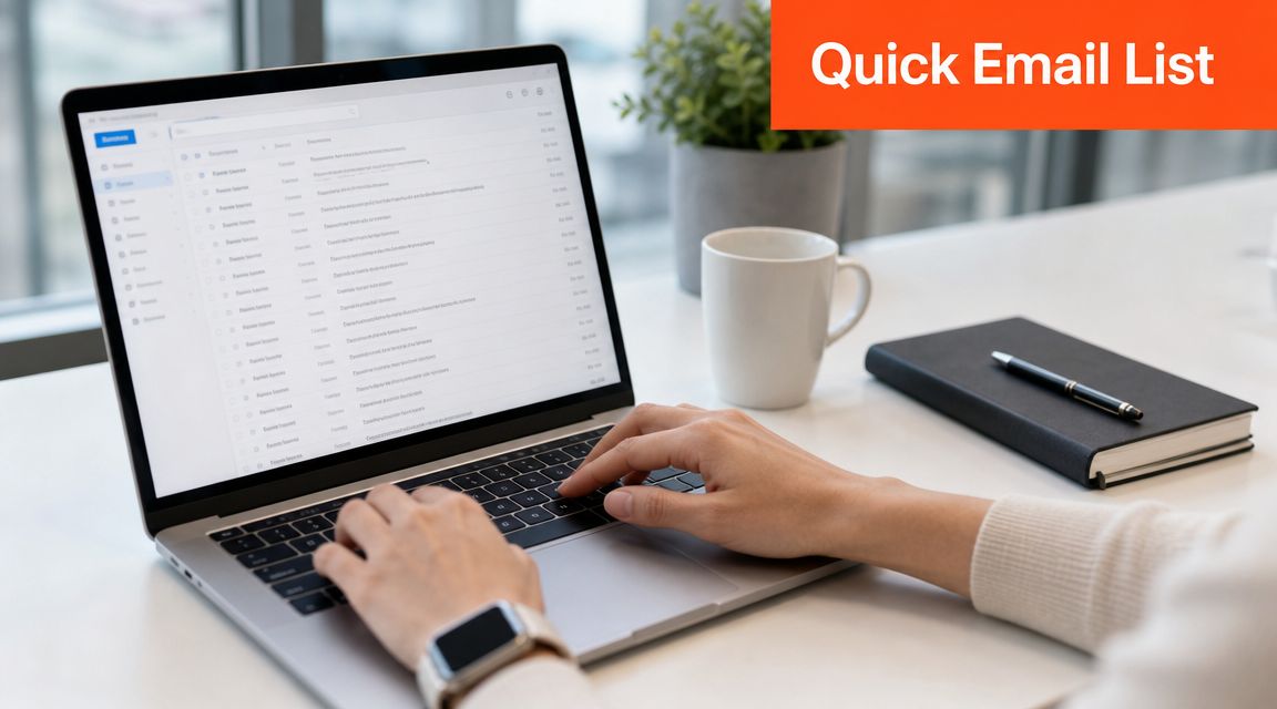 A person using a laptop to view a Gmail email list at a tidy office workspace.