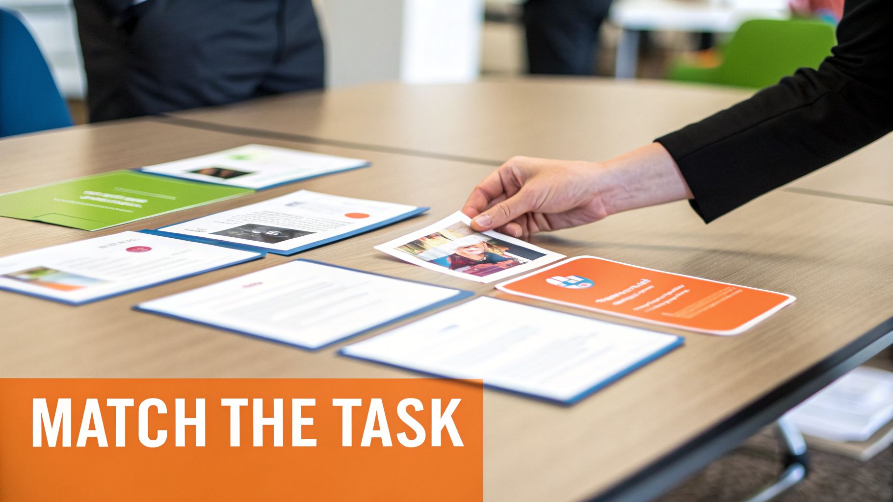 A person's hand places a small photo onto a table with various documents, resembling a task matching game.