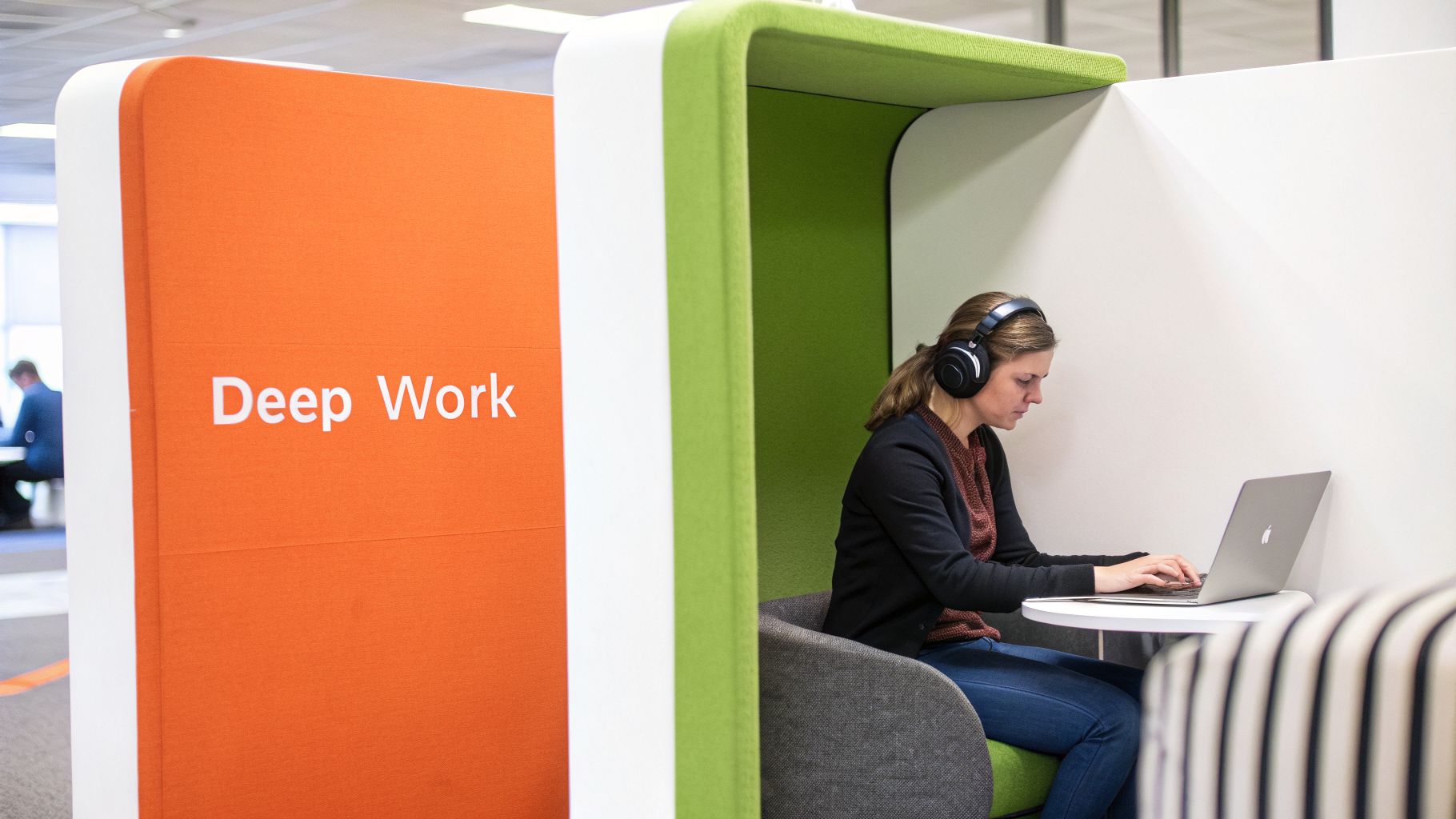 A woman with headphones focuses on her laptop in a green and white work pod, next to an orange wall marked 'Deep Work'.