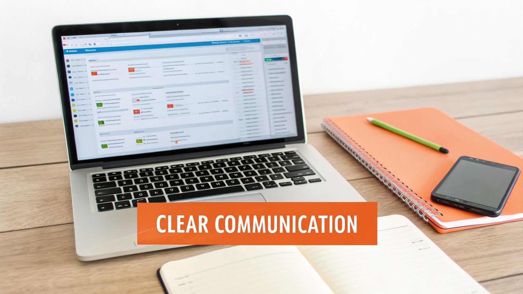 Laptop, notebooks, smartphone, and pen on a wooden desk, with 'CLEAR COMMUNICATION' text.