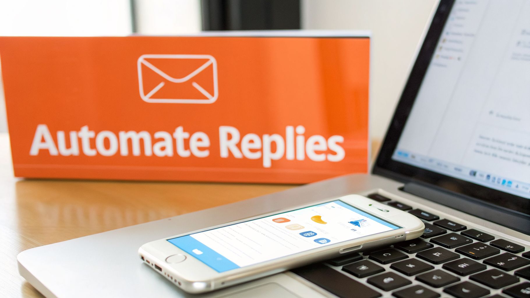 A bright orange 'Automate Replies' sign, with a smartphone resting on a laptop keyboard, depicting email management.