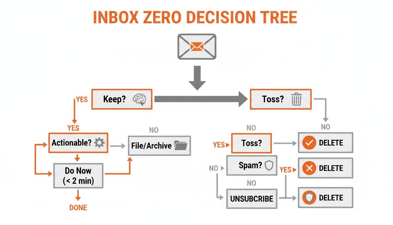 An Inbox Zero decision tree flowchart for email management, guiding users through keep, toss, act, and delete steps.