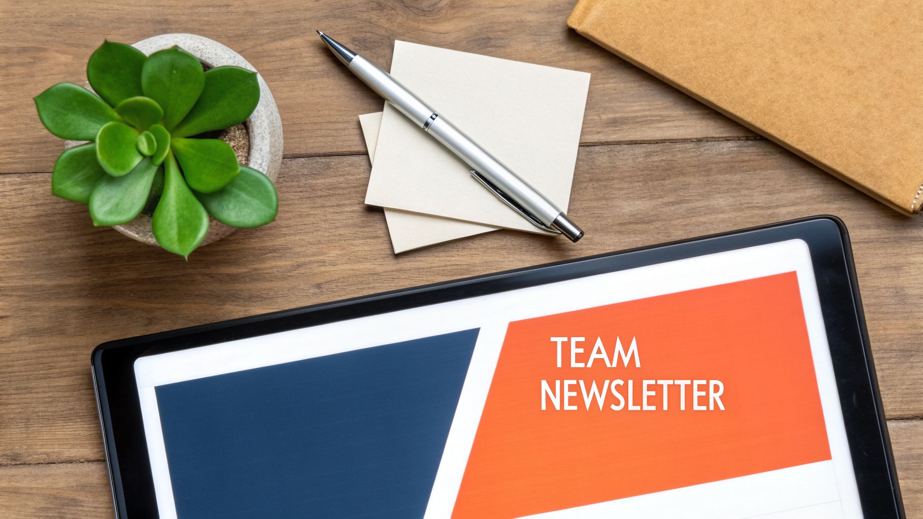 A top-down view of a tablet displaying 'TEAM NEWSLETTER' on a wooden desk with office supplies.
