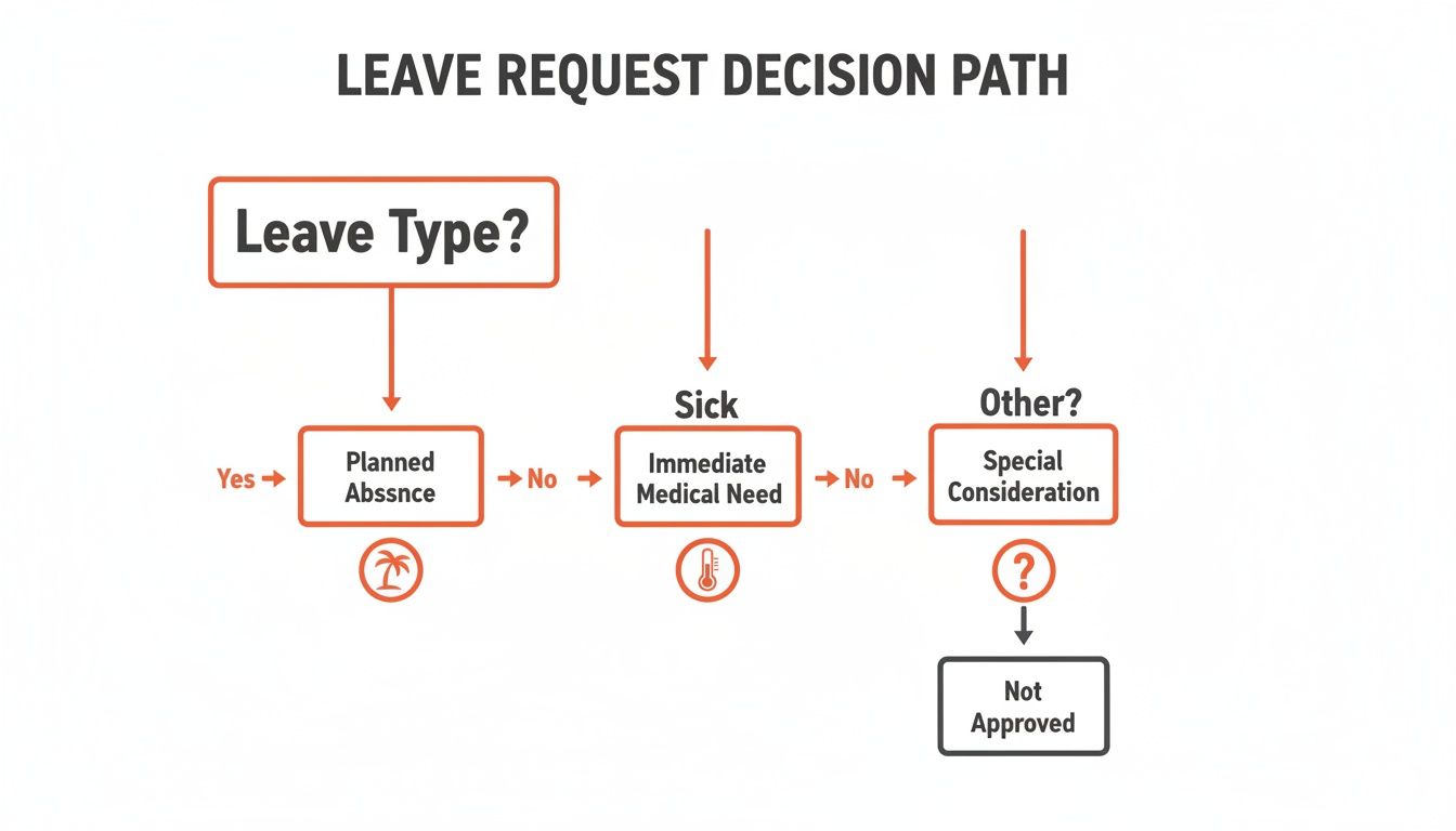 Flowchart illustrating the decision path for leave requests, covering planned, sick, and special considerations.