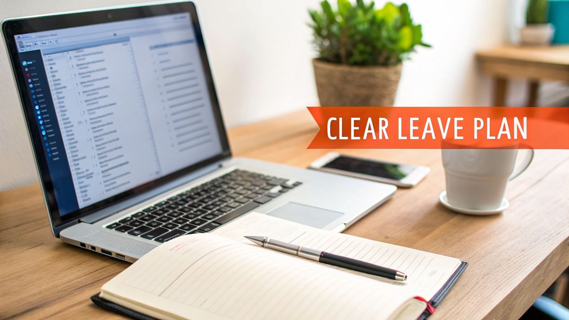 Workspace with a laptop displaying emails, a notebook, pen, phone, and coffee, with 'CLEAR LEAVE PLAN' text.
