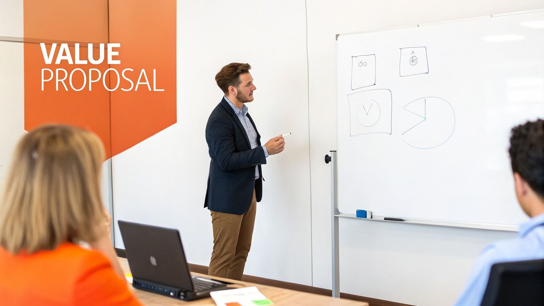 A man in a blazer presents a value proposal on a whiteboard to attentive colleagues.