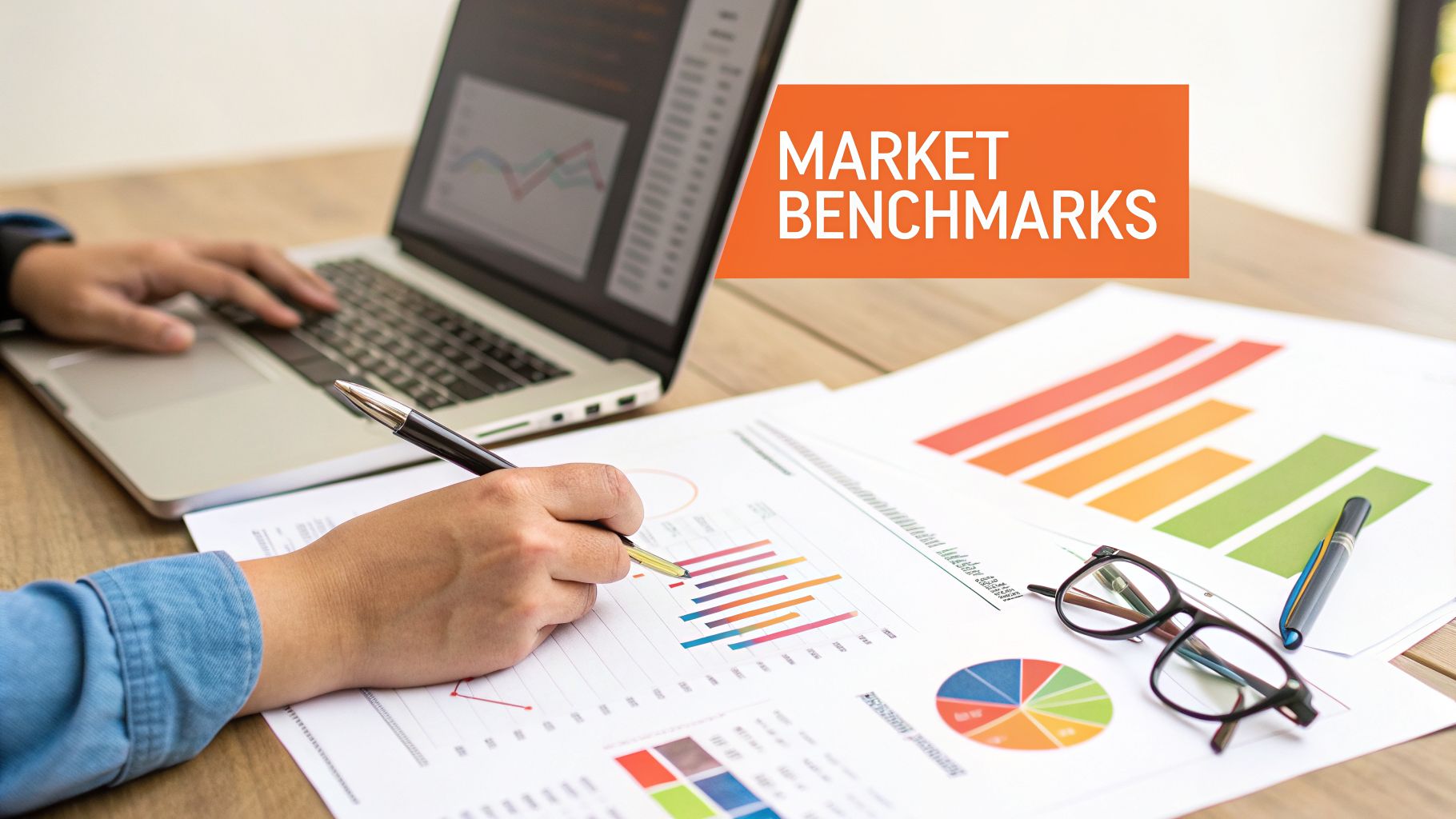 Person analyzing market benchmarks with various charts on documents and a laptop on a wooden desk.