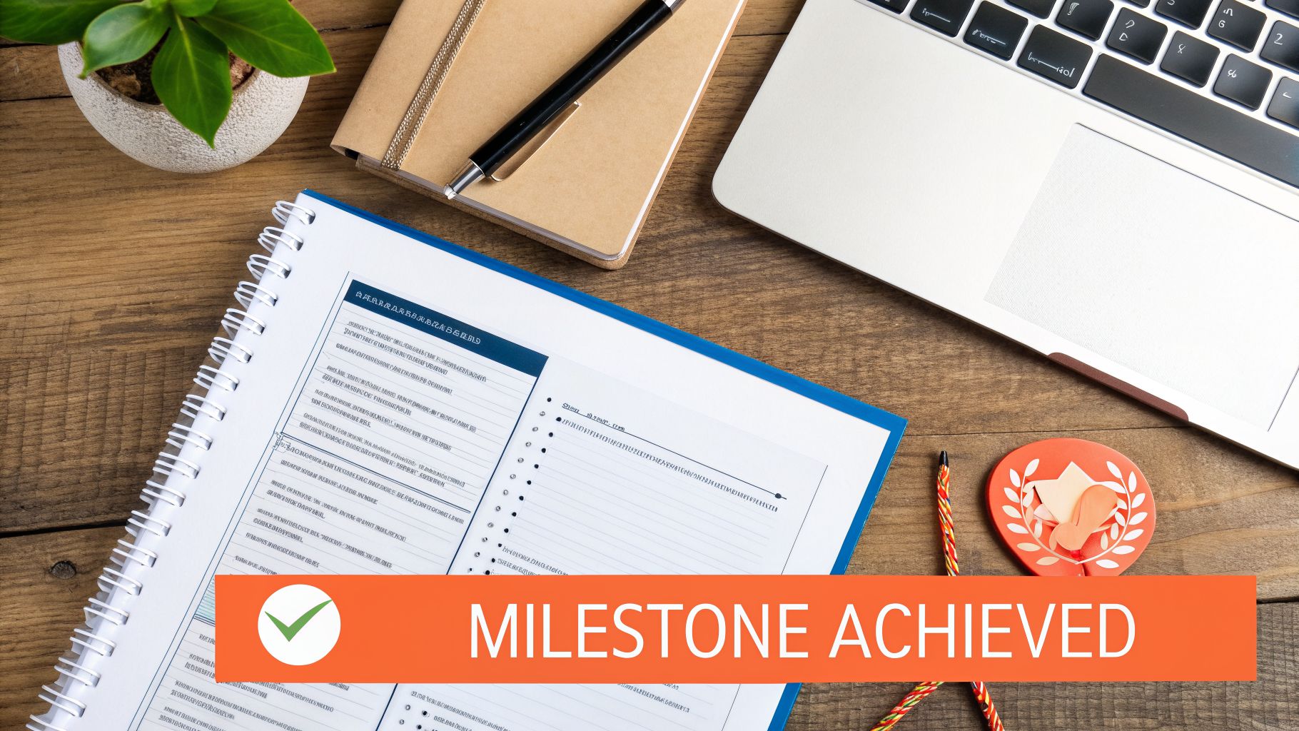 An overhead view of a productive desk with a document, laptop, plant, and a 'MILESTONE ACHIEVED' banner.