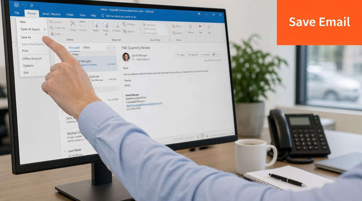 A person using their finger to select the Save As option in the Microsoft Outlook menu on a screen.