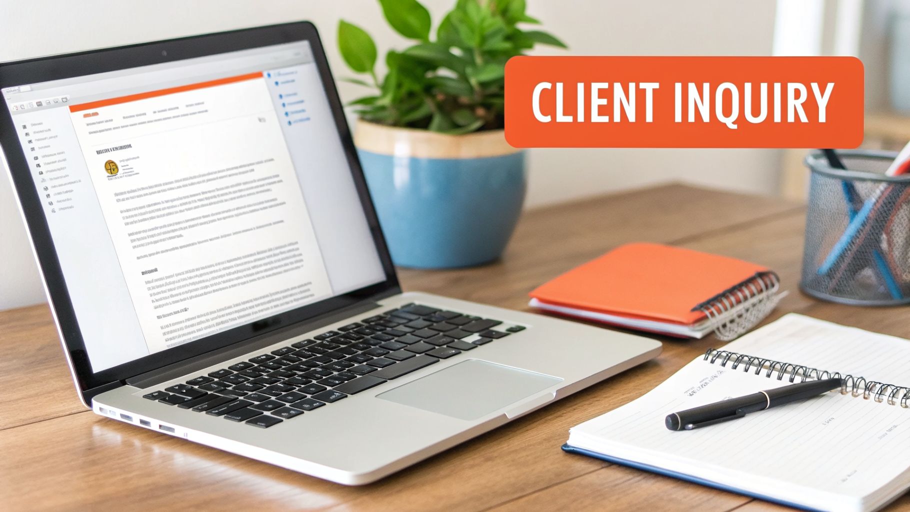 A laptop displaying an email, notebooks, and a plant on a wooden desk with a 'CLIENT INQUIRY' overlay.