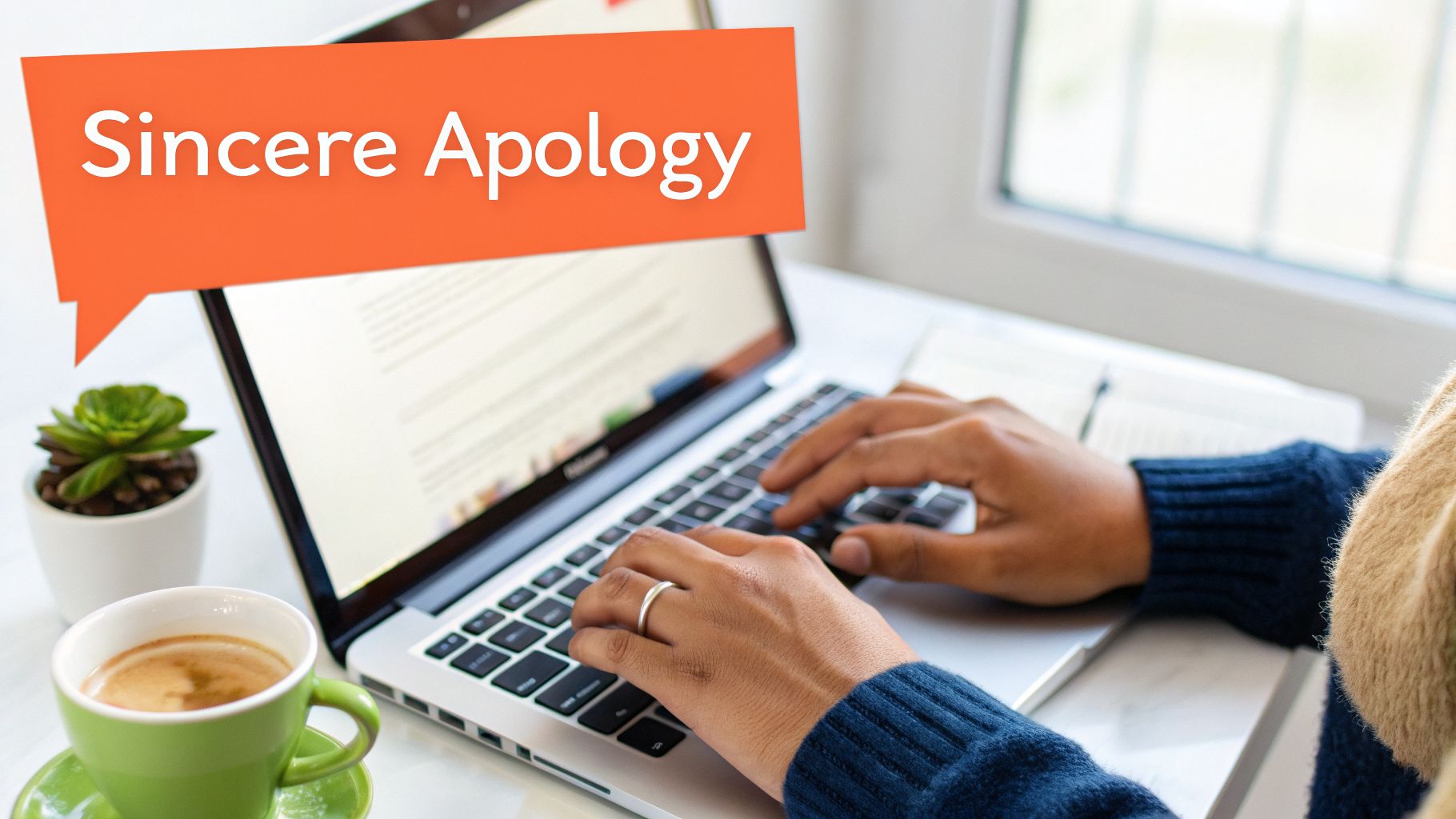 A person is typing on a laptop, with an orange speech bubble saying 'Sincere Apology'.