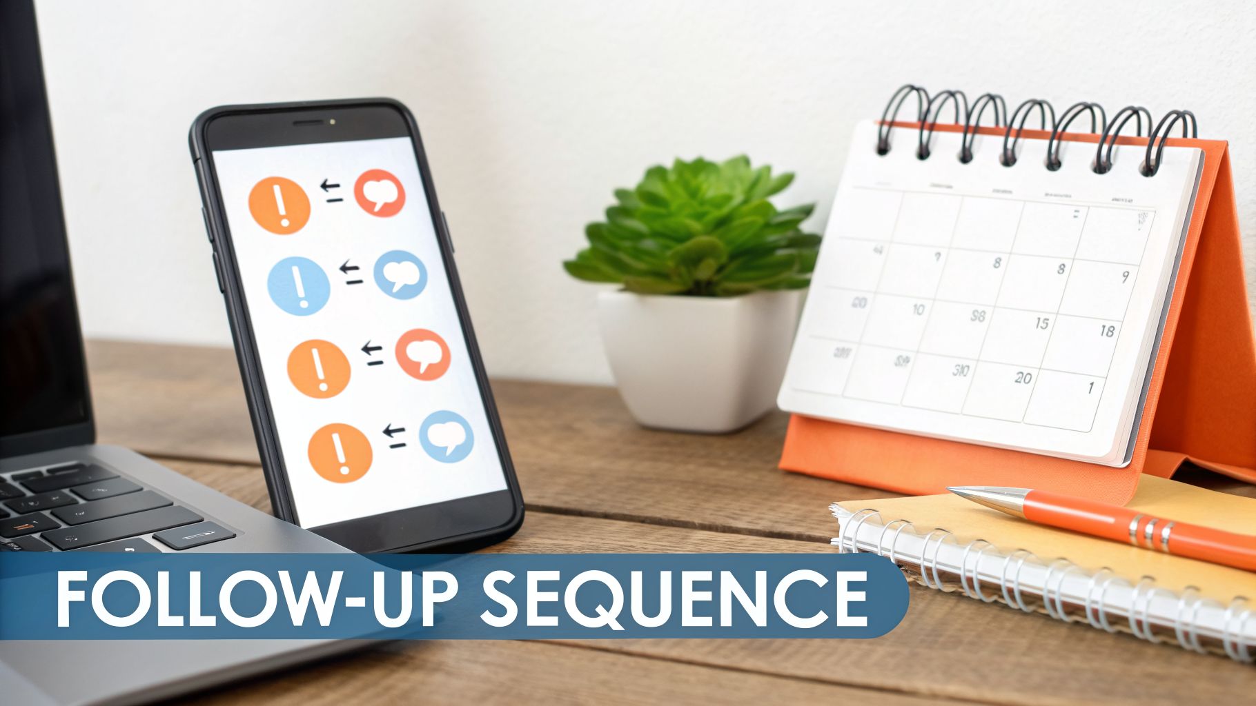 A smartphone on a desk showing a 'follow-up sequence' of icons, with a laptop, calendar, and plant.