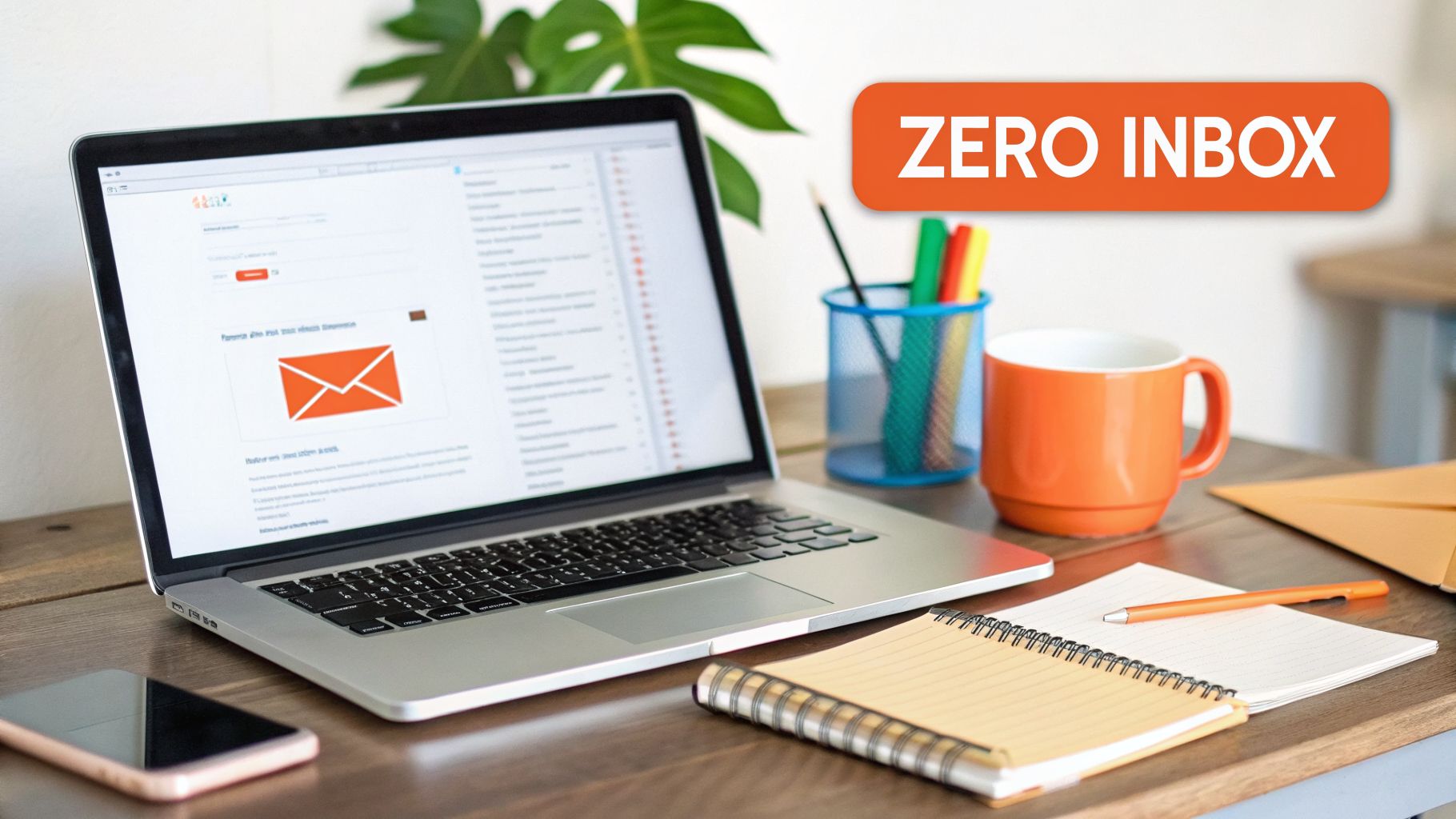A laptop displaying an email interface with a 'ZERO INBOX' banner on a tidy wooden desk.