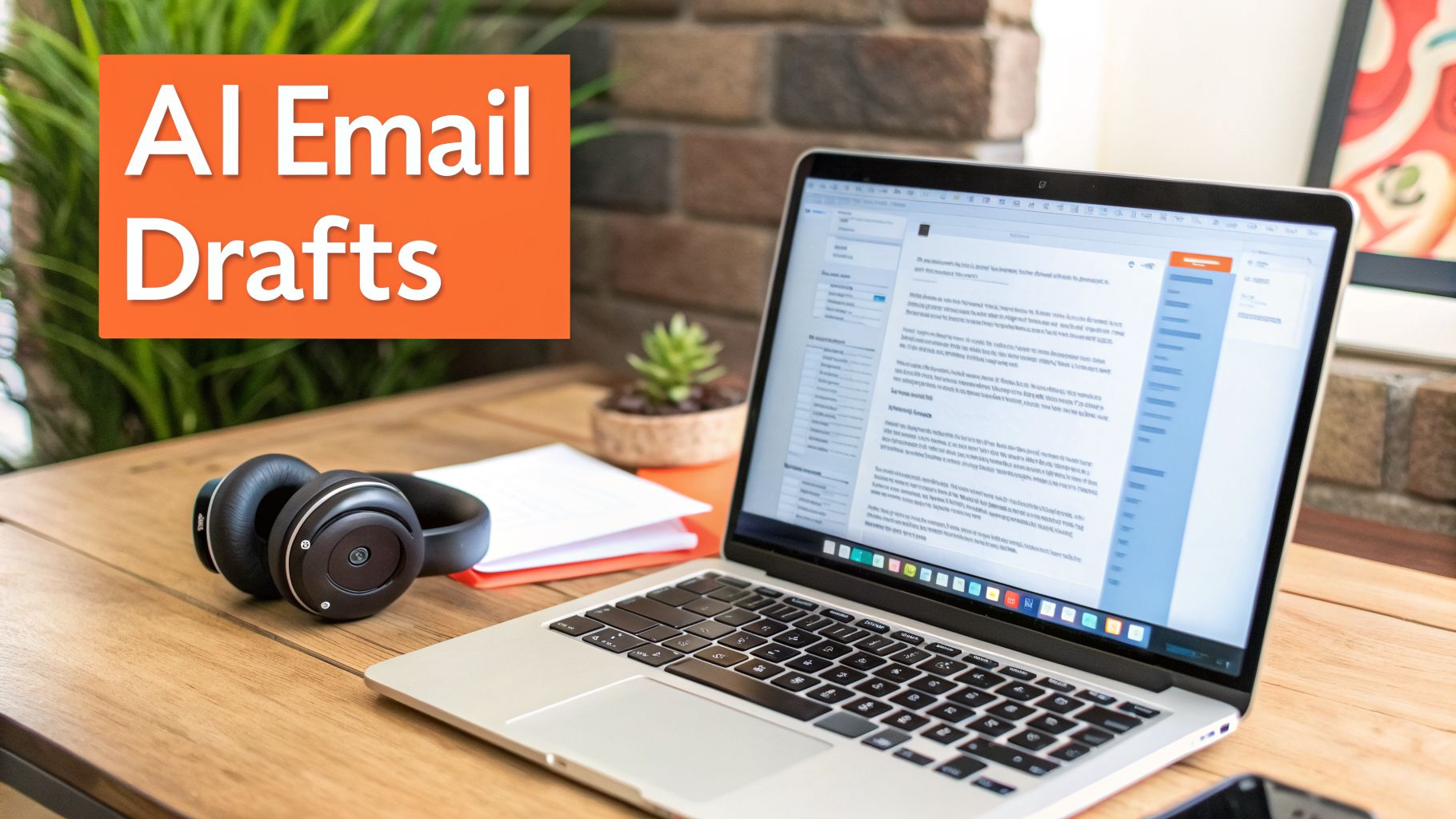 A laptop on a wooden desk displays 'AI Email Drafts' text, headphones, and a plant, suggesting AI-powered productivity.