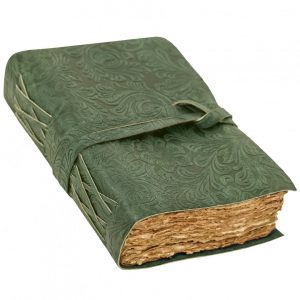 Mittelalterliches Grünes Leder Notizbuch mit floraler Prägung und Büttenpapier