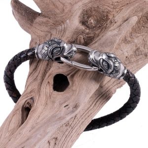 ​Viking Armband Leer met Drakenkoppen Tin Klein