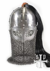 Wikinger Brillenhelm, 2 mm Stahl, mit Helmbusch und Kettenbrünne