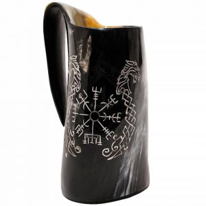 Wikinger Bierkrug mit eingraviertem Vegvisir & Drachen ca.600 ml.