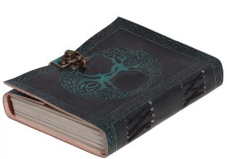 Tagebuch mit mittelalterlichem Baum des Lebens mit Verschluss aus grünem und schwarzem Leder