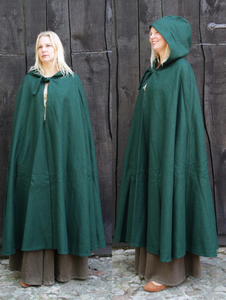 Middeleeuwse Cape Wol in Groen met Muts,131 cm