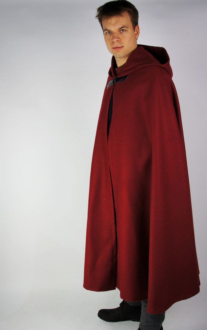 Mittelalter Cape in Rot, Wolle mit Metallspange, 160 cm