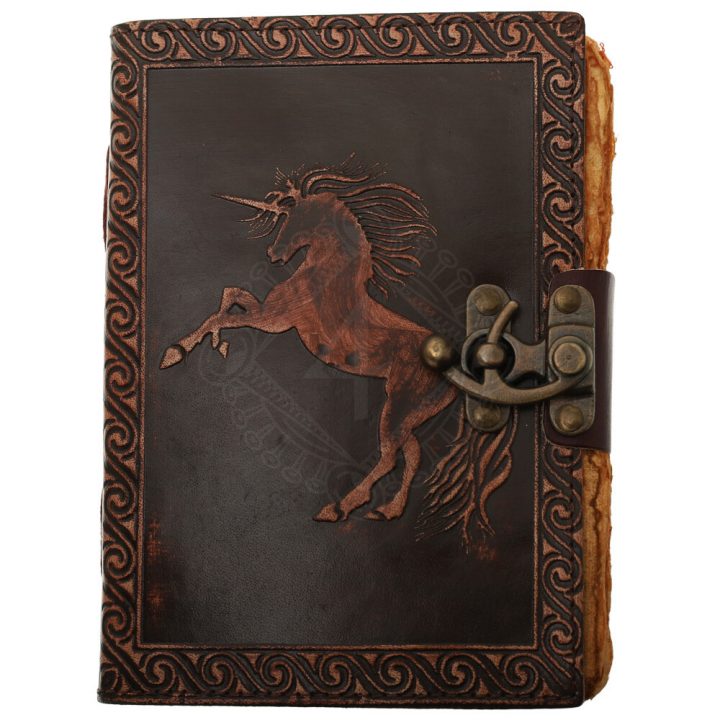 Handgefertigtes Leder Notizbuch mit geprägtem Einhorn und Kreis-Mandala