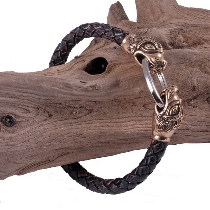 Viking Armband Leer met Drakenkoppen Brons Groot